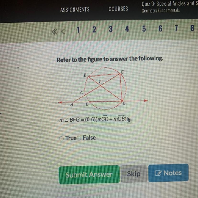 Refer to the figure to answer the following. 5 F m 2 BFG = (0.5)(mCD + mGB) True False-example-1