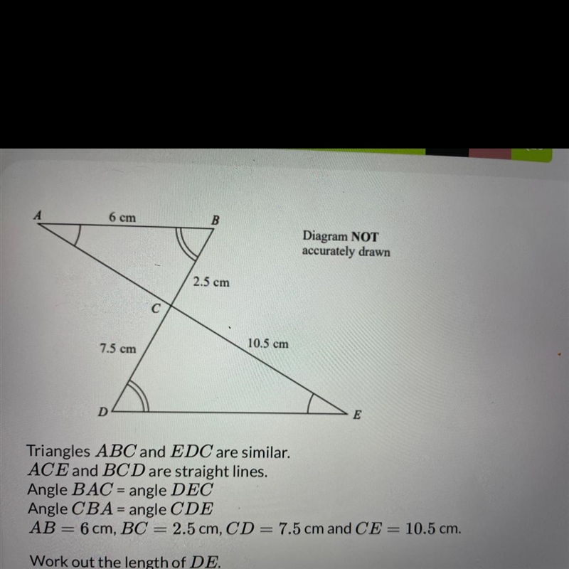 Triangles ABC and EDC are similar. ACE and BCD are straight lines. Angle BAC = angle-example-1