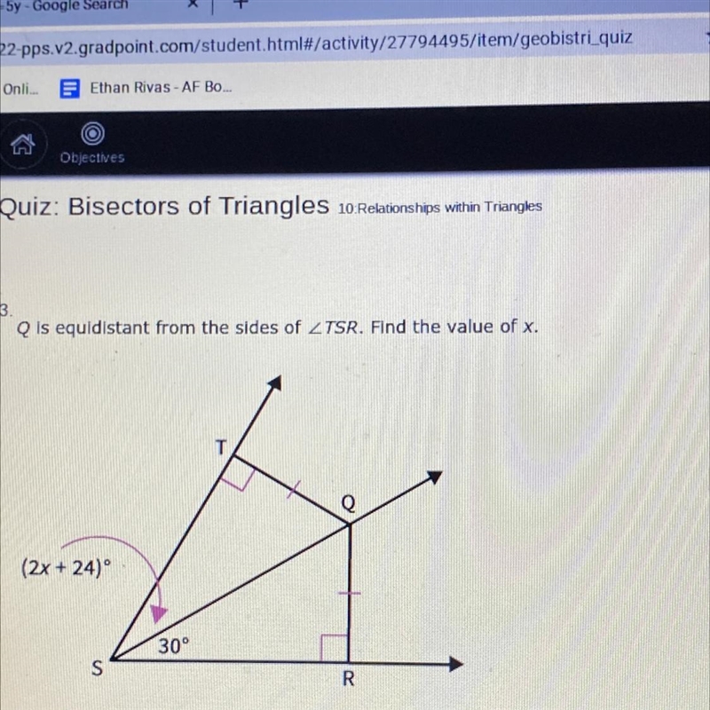 Q is equidistant from the sides of TSR. Find the value of x. T (2x + 240° 30° S R-example-1