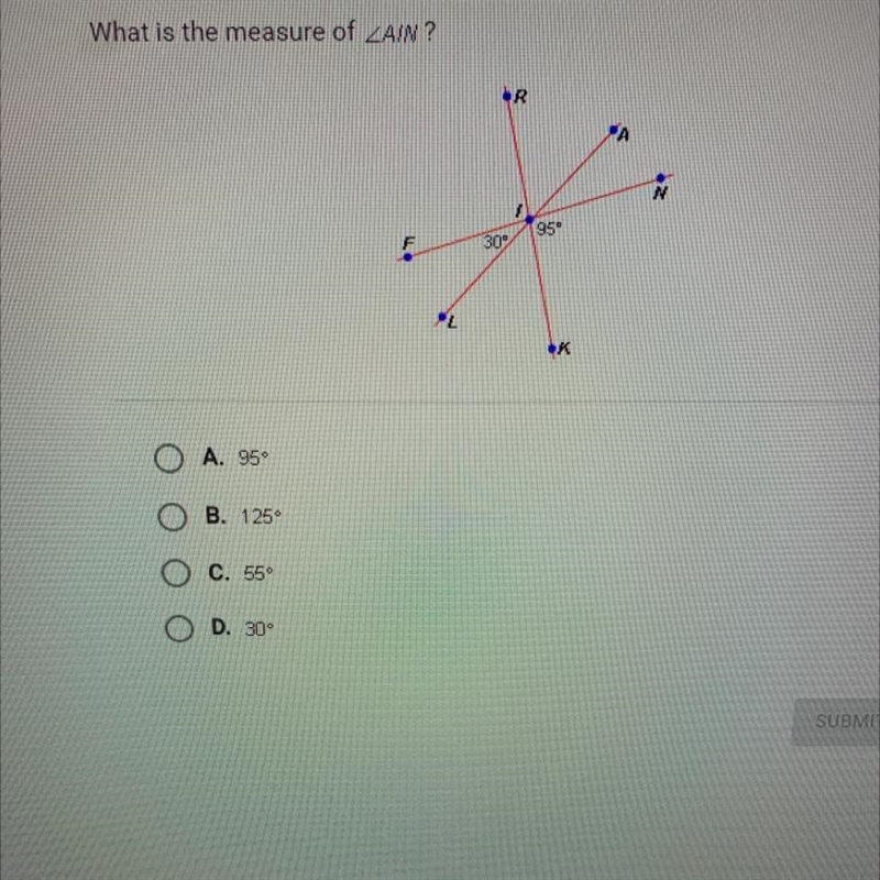 What is the measure of angle AIN? O A. 95° B. 125° C. 55 o O D. 30°-example-1