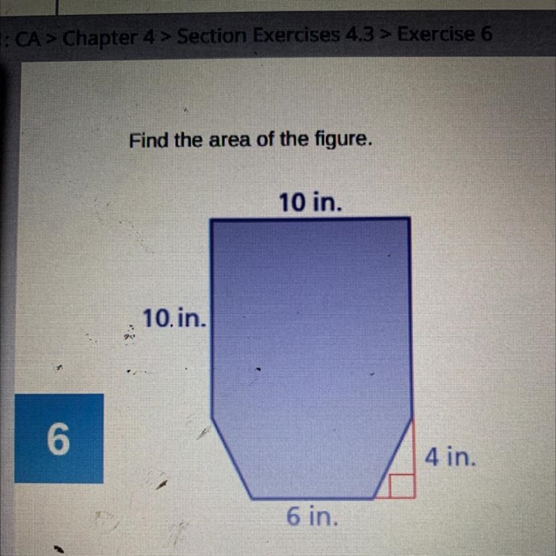 Find the area of the figure. 10 in. 10.in. 4 in. 6 in. The area is square inches. pls-example-1