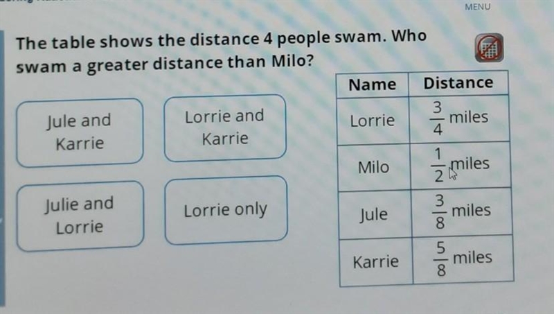 The table shows the distance 4 people swam. Who swam a greater distance than Milo-example-1