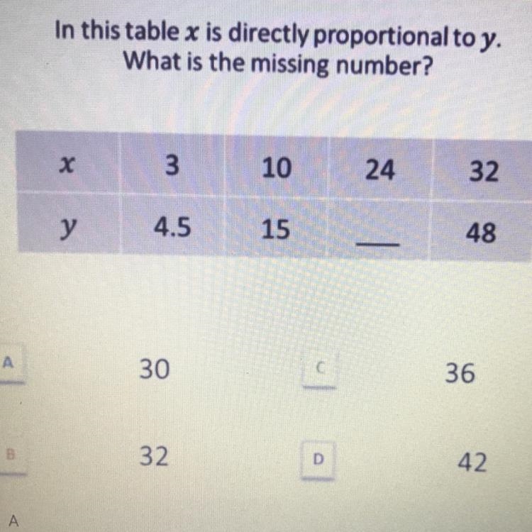 In this table, x is directly proportional to y. What is the missing number?-example-1