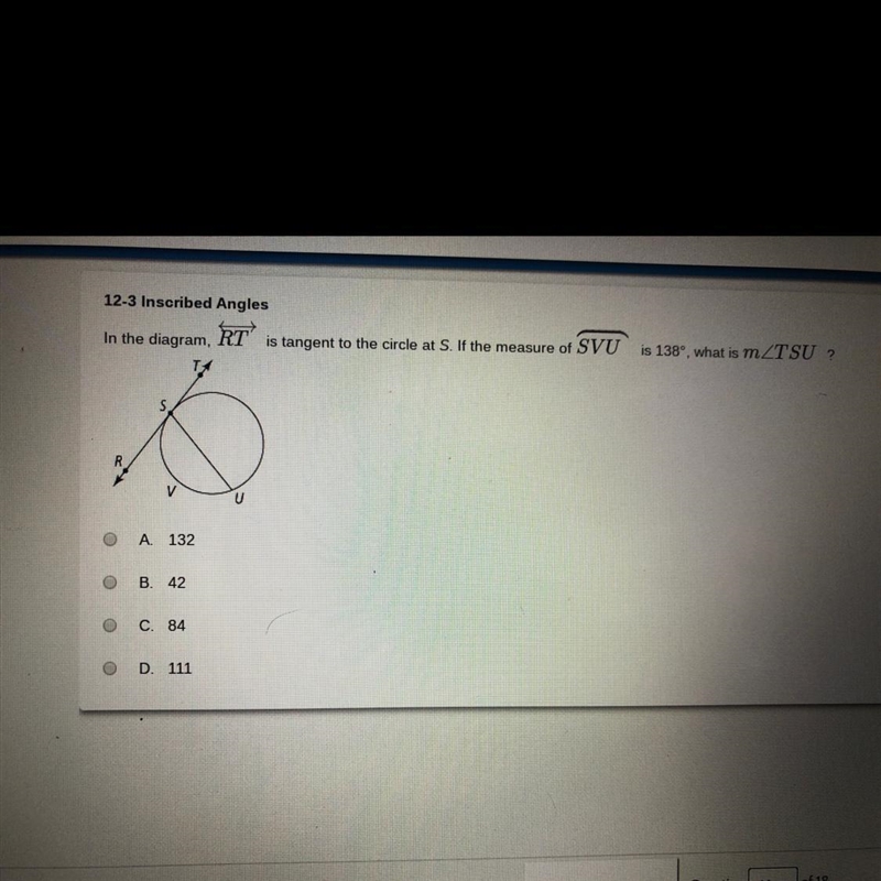 In the diagram RT is tangent at s. If the measure of SVU is 138 what is m-example-1