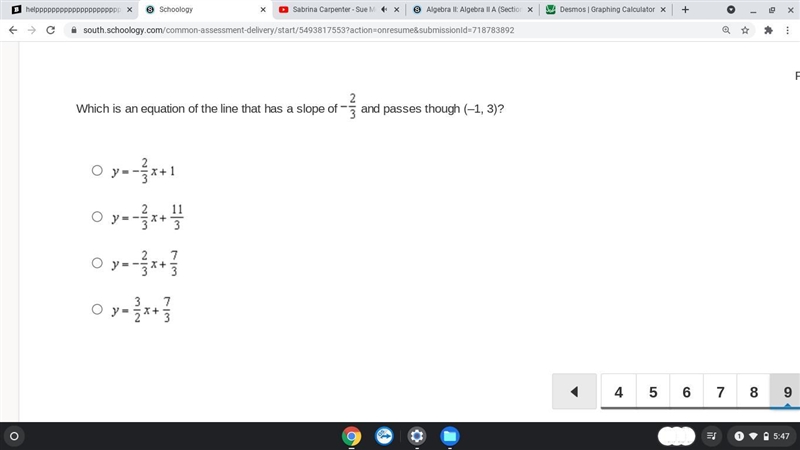 Which is an equation of the line that has a slope of and passes though (–1, 3)?-example-1