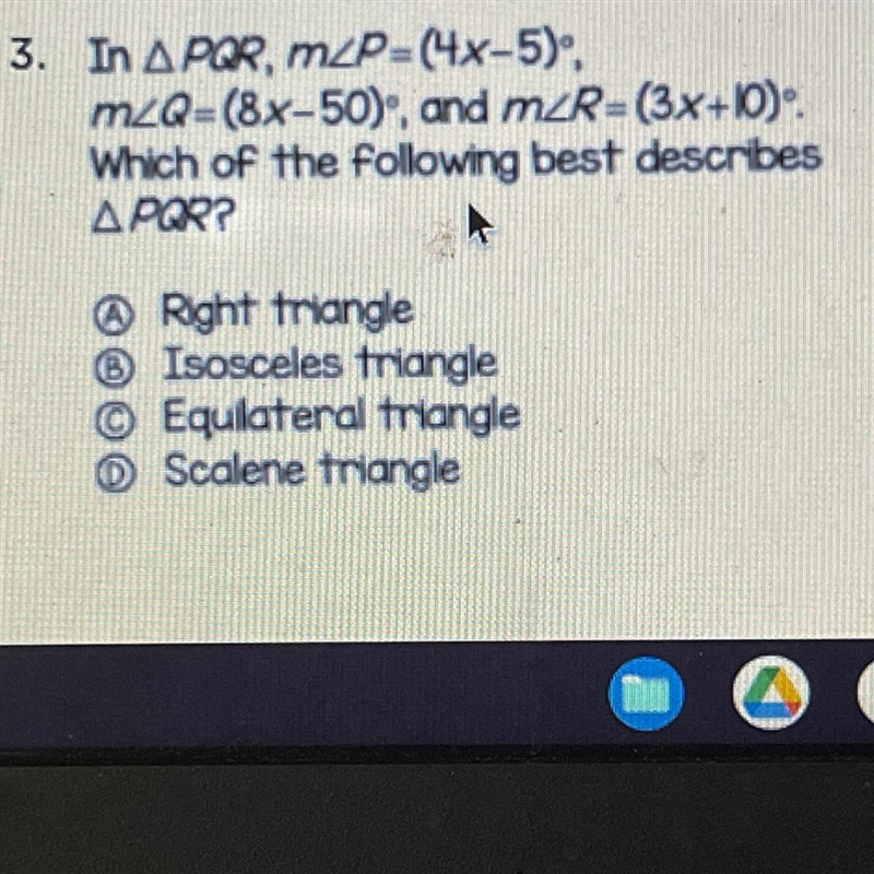 3. In A PQR, MZP=(4x-5), m2Q=(8x-50), and MZR=(3x+10). Which of the following best-example-1