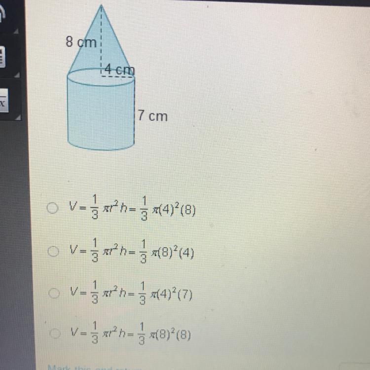 HELP ASAP PLEASE Which expression can be used to find the volume of the cone in this-example-1