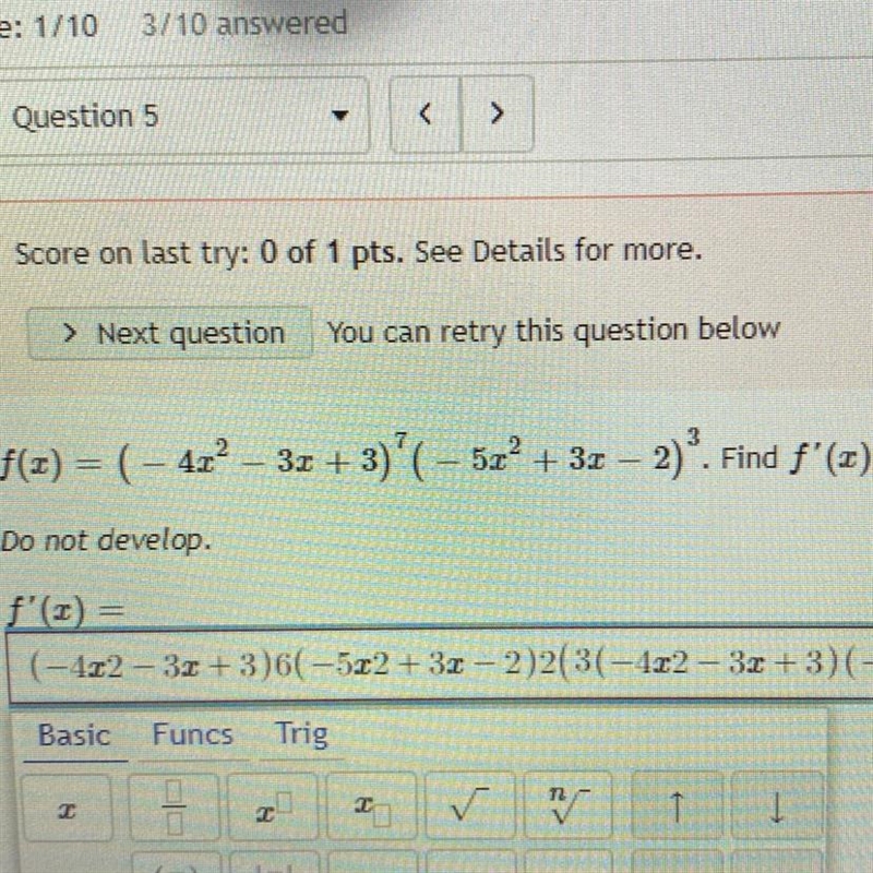 F(x) = ( – 4x² – 3x + 3)'( – 5x + 3x – 2). Find f'(x).-example-1