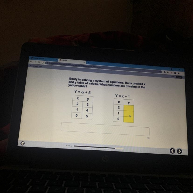 Goofy is solving a system of equations. He is created x and y table of values. What-example-1