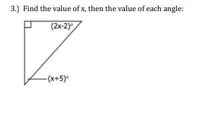 Pls help this is due today! Find the value of x, then the value of each angle:-example-1