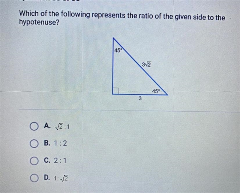 Which of the following represents the ratio of the given side to the hypotenuse? HELP-example-1