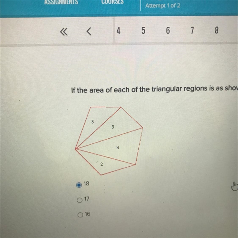 If the area of each of the triangular regions is as shown, what is the area of the-example-1