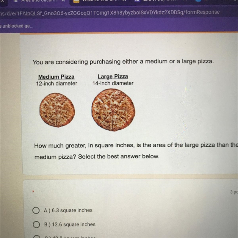 You are considering purchasing either a medium or a large pizza. Medium Pizza 12-inch-example-1