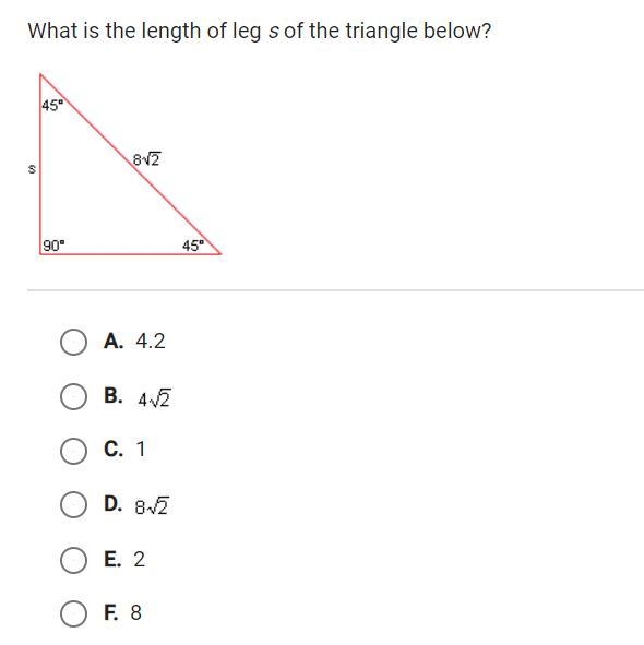 What is the length of leg s of the triangle below?-example-1