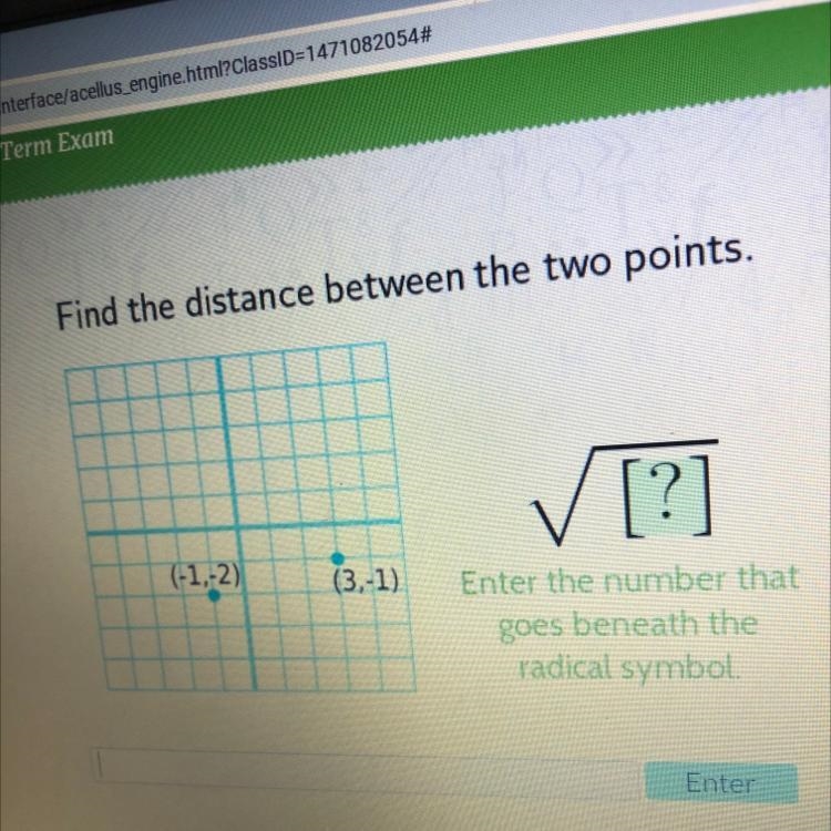 Find the distance between the two points. ✓ [?] (-1,-2) (3,-1) Enter the number that-example-1