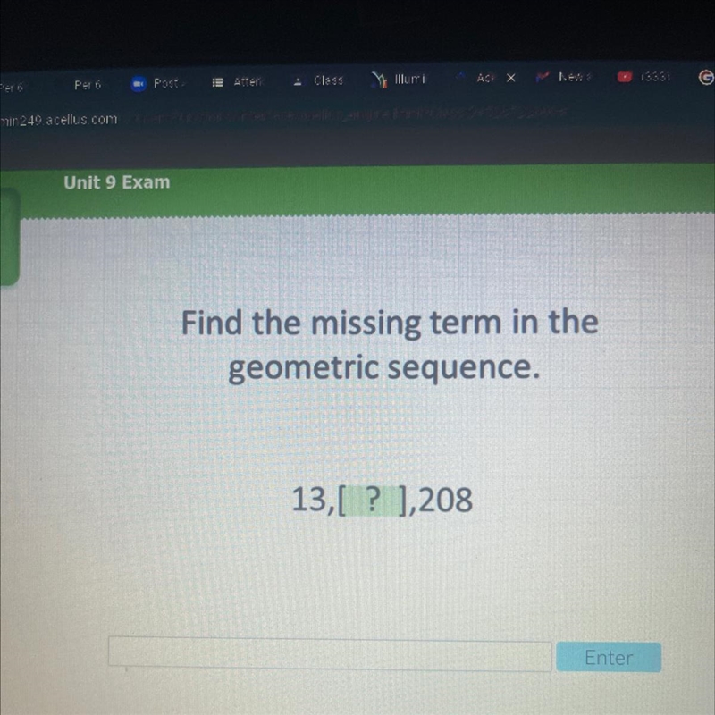 Find the missing term in the geometric sequence. 13,[ ? 1,208-example-1