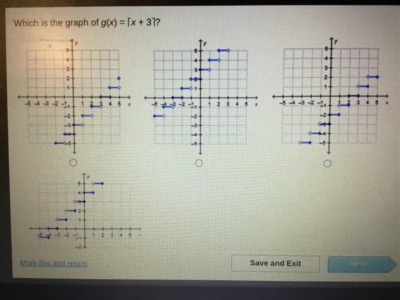 In a ceiling function, which is the graph of g(x)= [x+3]?-example-1