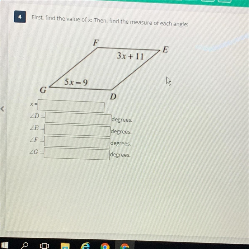 Find the value of x: then find the measure of each angle-example-1