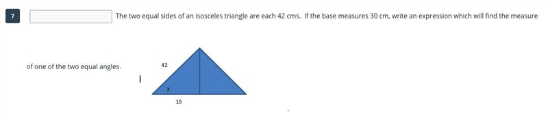 The two equal sides of an isosceles triangle are each 42 cms. If the base measures-example-1