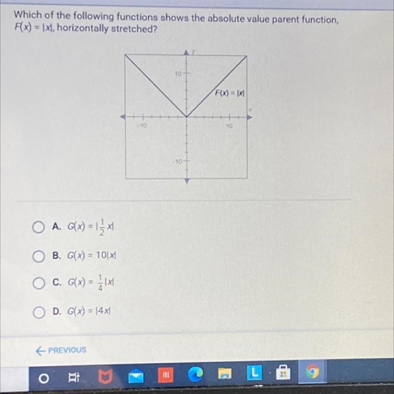 Which of the following functions shows the absolute value parent function, F(x) = |xl-example-1