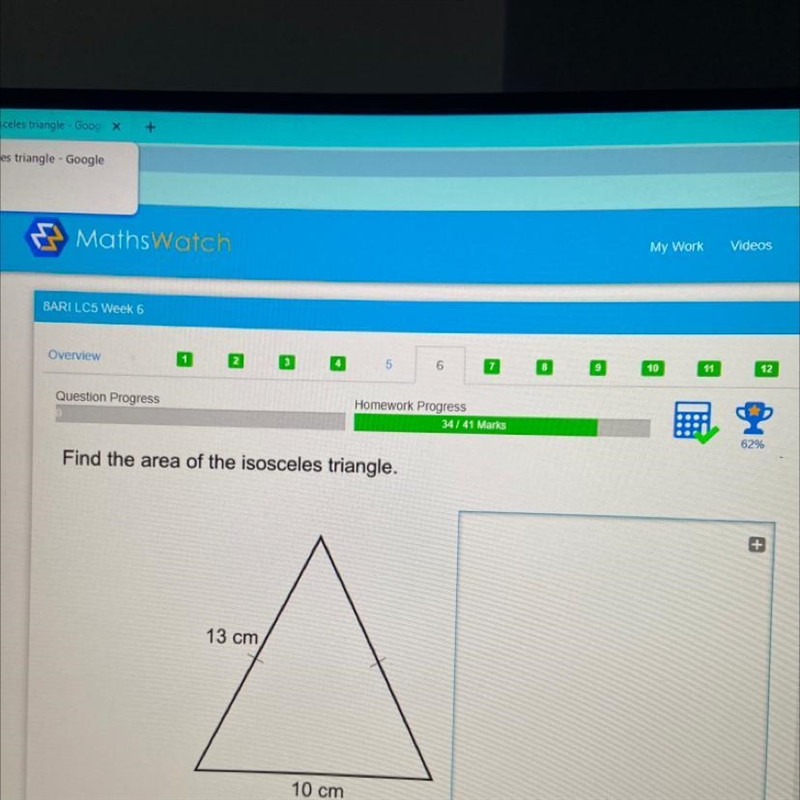 色 Find the area of the isosceles triangle. 13 cm 10 cm Overview Pythagoras' Theorem-example-1