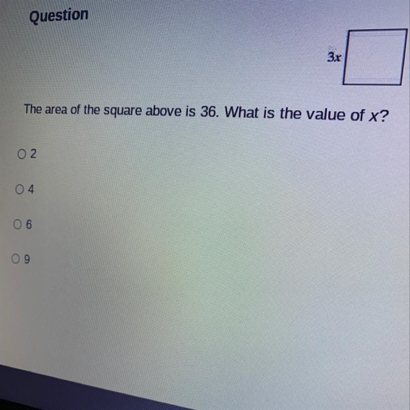 The area of the square above is 36. What is the value of x? A) 2 B) 4 C) 6 D) 9-example-1