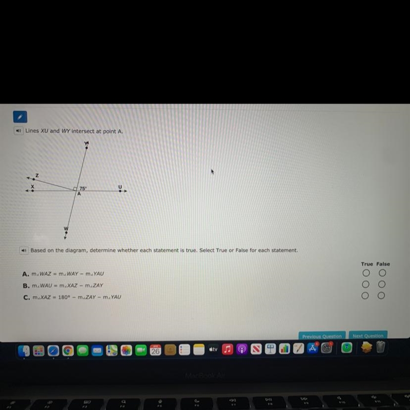 (Picture on top) Lines XU and WY intersect at point A based on the diagram, determine-example-1