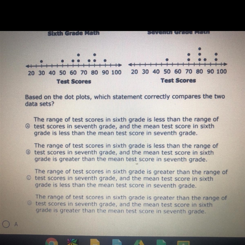 The dot plots show the math test scores from the sixth and seventh grade students-example-1