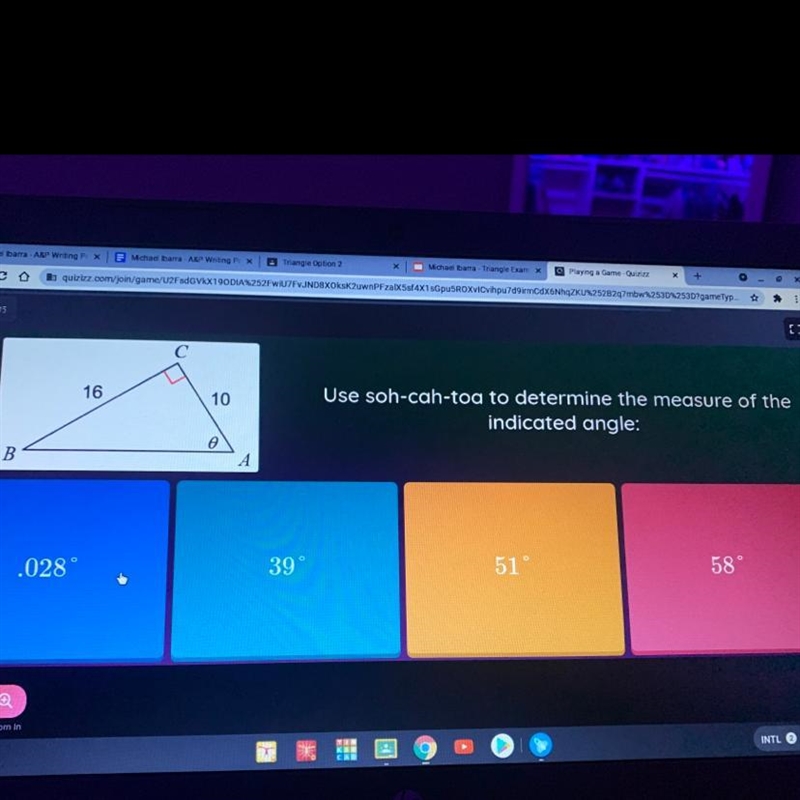 16 10 Use soh-cah-toa to determine the measure of the indicated angle: е B. .028° 58 39° 51°-example-1