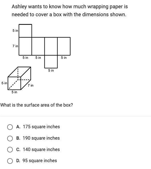 Ashley wants to know how much wrapping paper is needed to cover a box with the dimensions-example-1