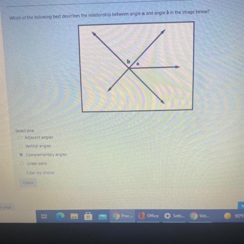 Which of the following best describes the relationship between angle a and angle bin-example-1