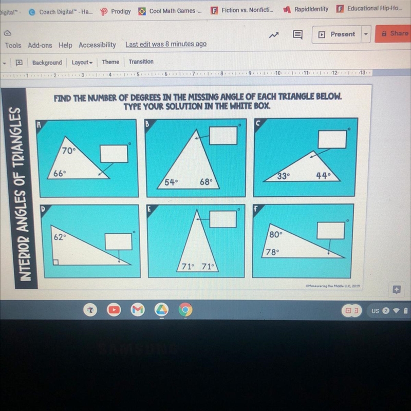 Find the number of degrees in the missing angle of each triangle below-example-1