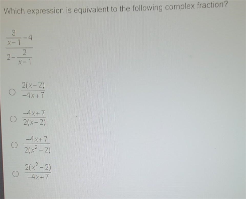 Which expression is equivalent to the following complex fraction? ​-example-1