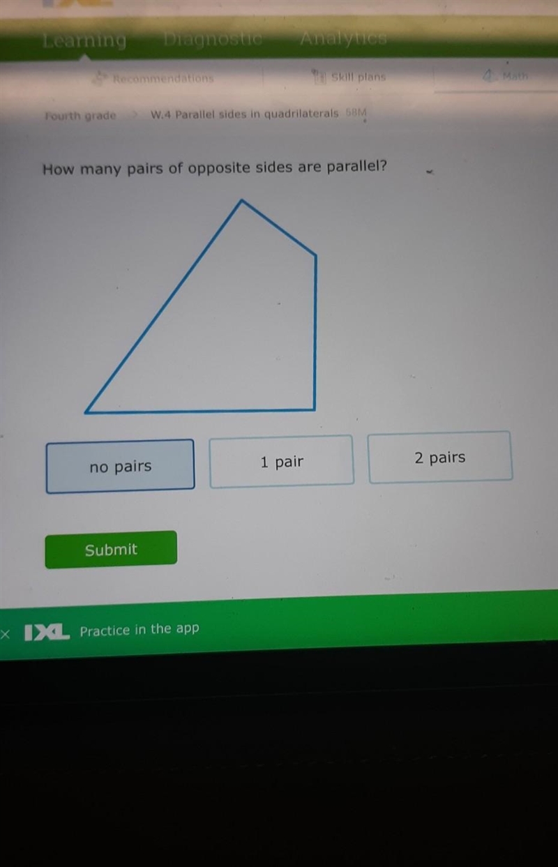 How many pairs of opposite sides are parallel? no pairs 1 pair 2 pairs​-example-1