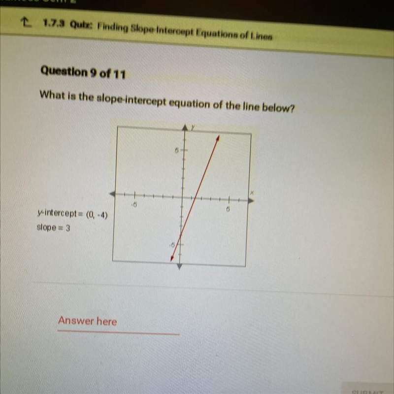 What is the slope-intercept equation of the line below? 5 -5 5 6 y-intercept= (0, -4) slope-example-1