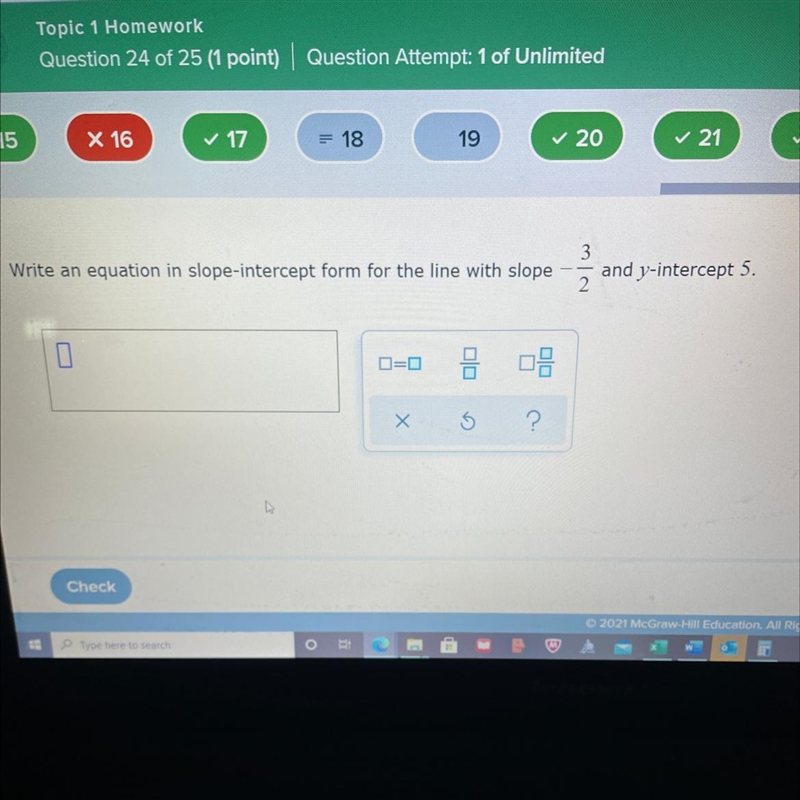 Write an equation in slope-intercept form for the line with slope -3/2 and y-intercept-example-1