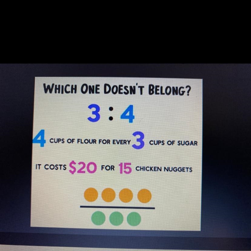 Which one doesn't belong? A.3:4 B.4:3 C.chicken nuggets B.dots-example-1