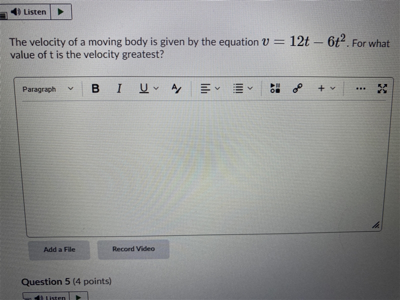 What value of t is the velocity greatest?-example-1