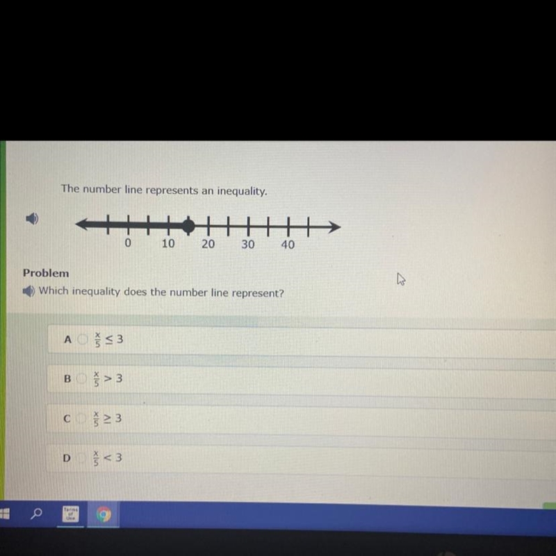 The number line represents an inequality. 0 10 20 30 40 Problem Which inequality does-example-1