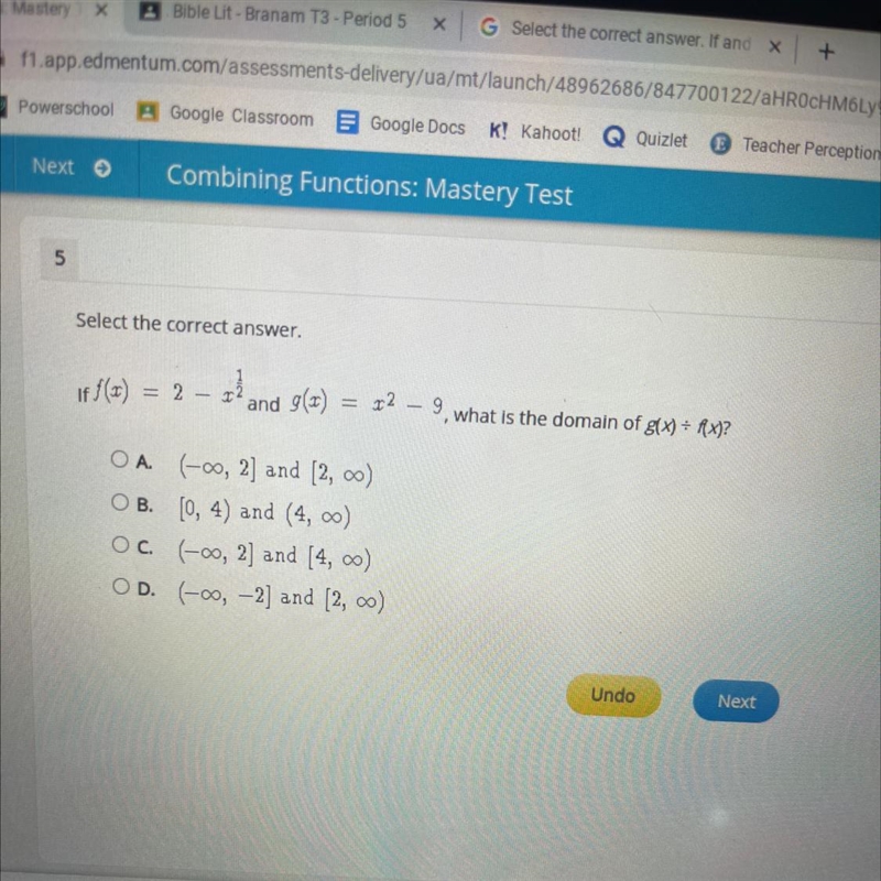 Select the correct answer. if f(t) = 2 - 4 and 9 (7) = 2 – xż and g(x) = x2 – 9, what-example-1