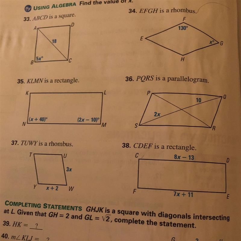 NEED ANWSERS FAST 33-38 Find the value of x-example-1