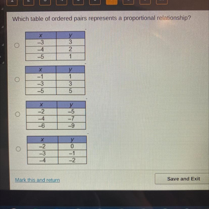 Which table of ordered pairs represents a proportional relationship? I’m a timer please-example-1