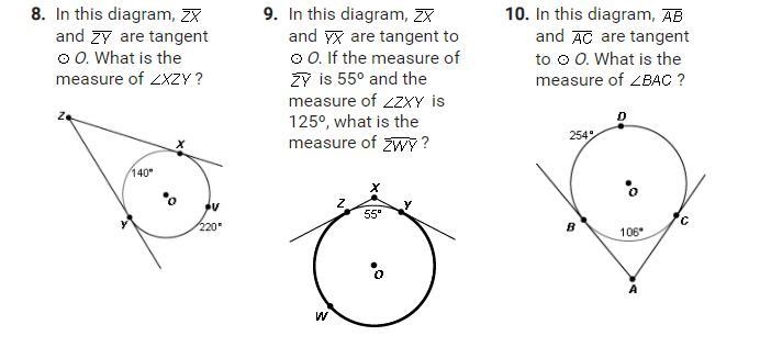 For questions 8 – 10, answer the questions about tangent-tangent angles.-example-1