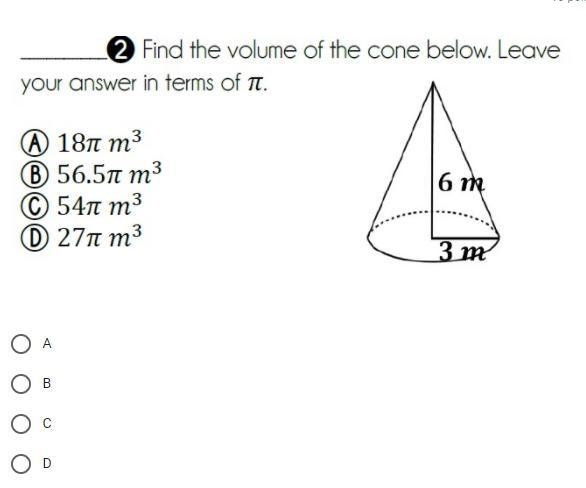 Find the volume of the cone below. Leave your answer in terms of pi.-example-1