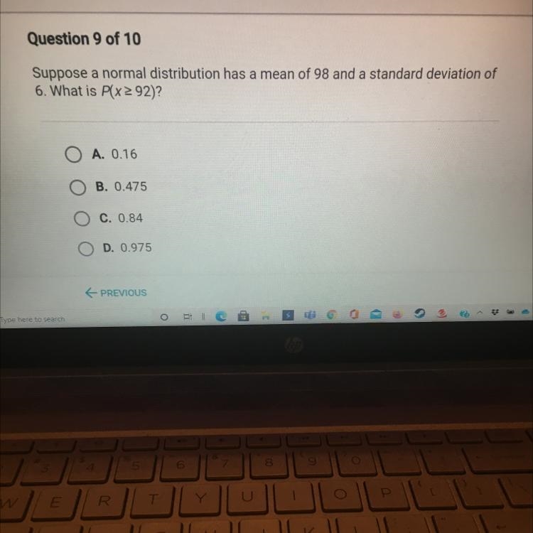 Answer choices A) 0.16 B) 0.475 C. 0.84 D. 0.975-example-1