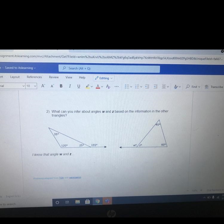 What can you infer about angles w and z based on the information in the other triangles-example-1