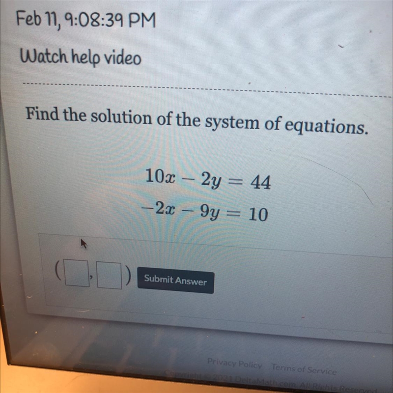 Find the solution of the system of equations. 10x – 2y = 44 -2x - 9y = 10-example-1