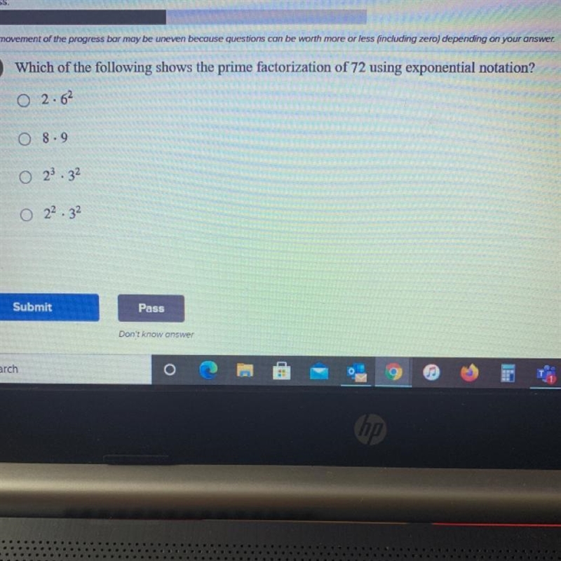 Which of the following shows the prime factorization of 72 using exponential notation-example-1