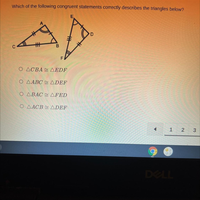 Which of the following congruent statements correctly describes the triangles below-example-1