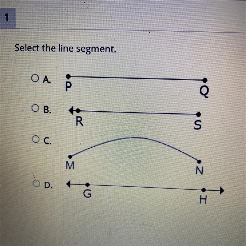 Select the line segment. O A. P OB. R S Ос. M N OD. G H-example-1